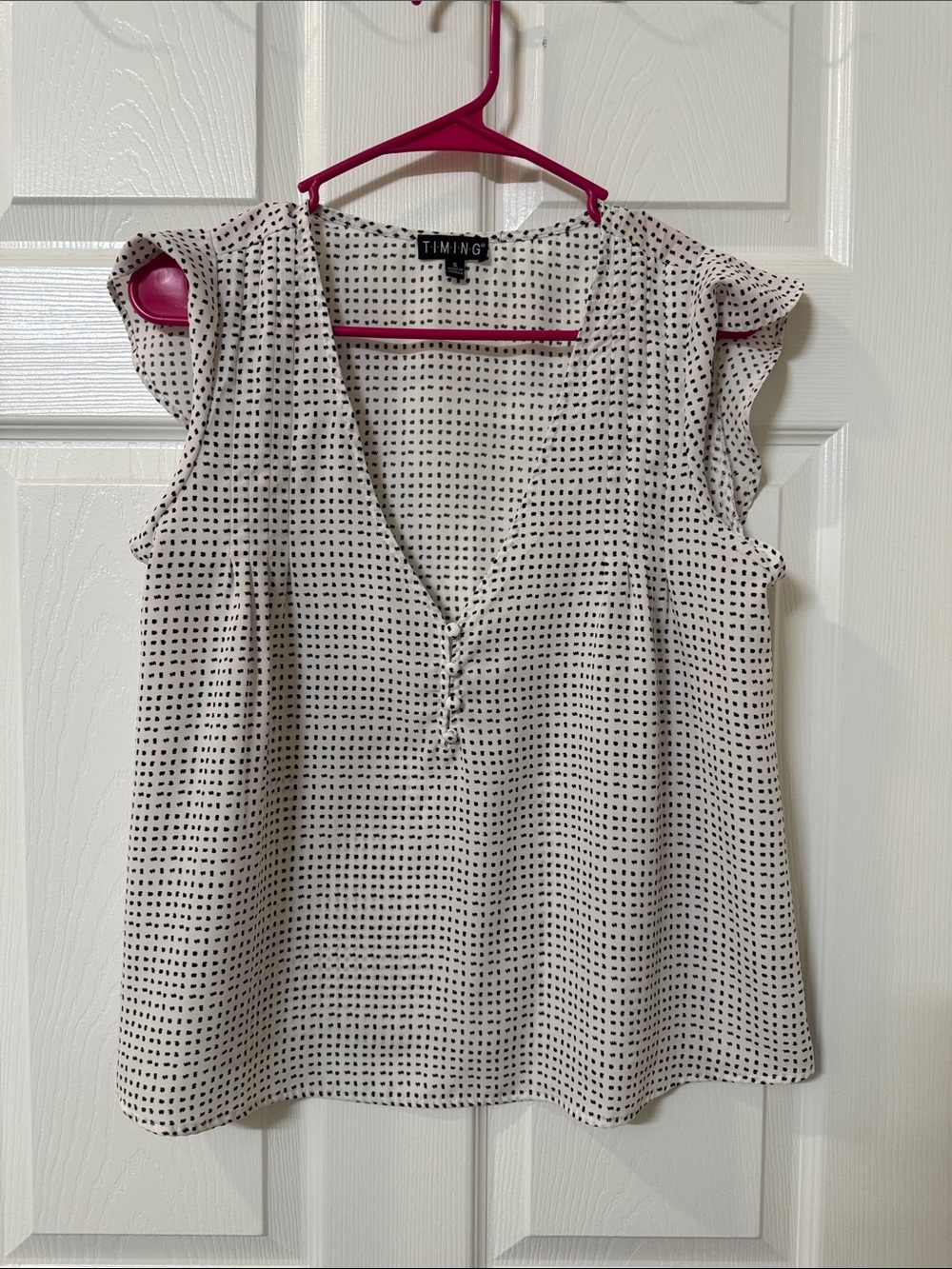 Timing Cream Blouse with Black Dot Print and Cap Sleeves